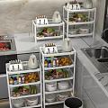 White Multi Tiered Kitchen Shelves Featuring Dinnerware Set Fresh Fruits Vegetables And Condiment Bottles