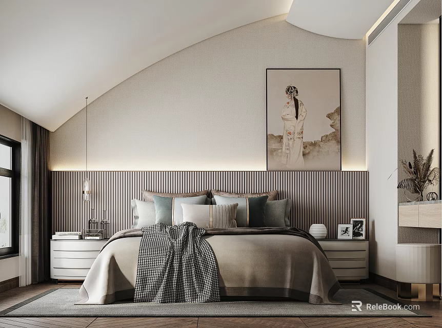 Modern Bedroom Interior With Curved Ceiling Striped Headboard Wall Portrait Painting Nightstands Pillows And Rug 3d model 