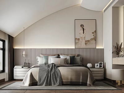 Modern Bedroom Interior With Curved Ceiling Striped Headboard Wall Portrait Painting Nightstands Pillows And Rug 3d model