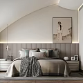 Modern Bedroom Interior With Curved Ceiling Striped Headboard Wall Portrait Painting Nightstands Pillows And Rug