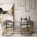 Modern Elegant Dining Table Set With Grey Upholstered Chairs Gold Metal Frames And Abstract Artwork 3d model