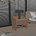 Modern Bedside Table With Leather Trim Table Lamp Tiered Shelf Sofa And Window Blinds