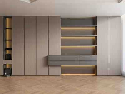 Modern Built in Bookcase With LED Lighting Storage Drawers And Cabinet Doors 3d model