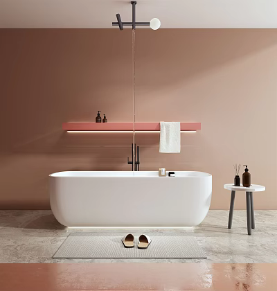Freestanding White Bathtub In Modern Bathroom With Pink Wall Light Strip Towel And Small Table 3d model