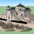 European Style Garden Landscape With Classical Architecture Towers And Golden Deer Statues