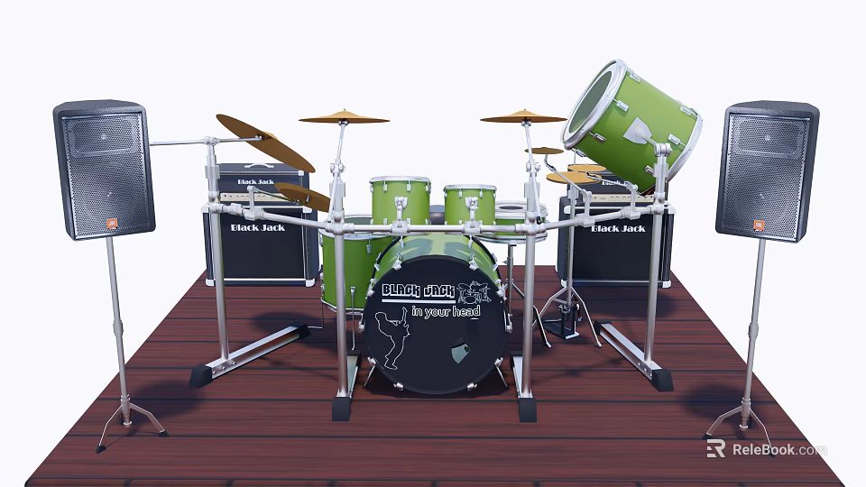 Green Union Jack Drum Set With Cymbals Speakers And Musical Instruments 3d model 