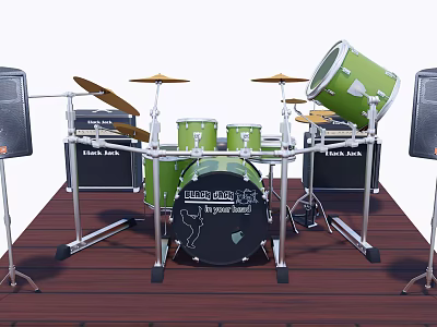 Green Union Jack Drum Set With Cymbals Speakers And Musical Instruments 3d model