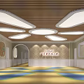 Cheerful Kindergarten Classroom With Cloud Ceiling Cartoon Houses Airplane Decor And Colorful Furniture