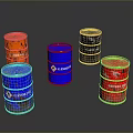 Colorful Oil Drums With Crude Oil Flammable Waste And Motor Oil Labels