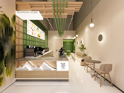 Mall Tea Shop Modern Interior With Green Walls Fruit Menu Wooden Ceiling And Tables Chairs 3d model
