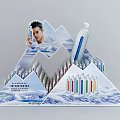 ALBION 2023 New Spring Summer Products Display Stand With Colored Items And Snow Mountain Background