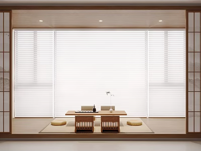 Japanese Style Tea Room Interior With Wooden Frames White Blinds Low Table And Floor Cushions 3d model