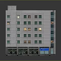 Modern Multi Story Residential Building With Gray Facade Illuminated Windows And Ground Floor Shops