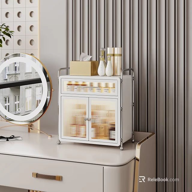 Stylish White Storage Shelf on Vanity Table with Glass Doors and Skincare Products 3d model 