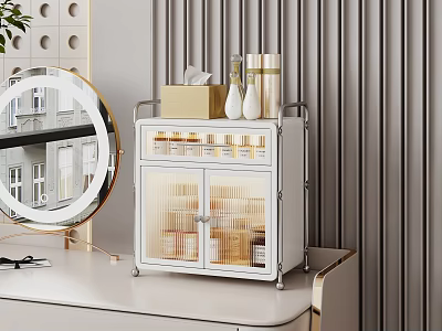 Stylish White Storage Shelf on Vanity Table with Glass Doors and Skincare Products 3d model