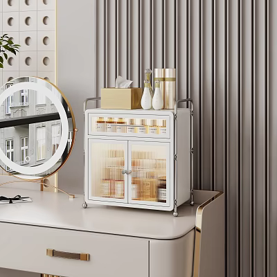 Stylish White Storage Shelf on Vanity Table with Glass Doors and Skincare Products 3d model