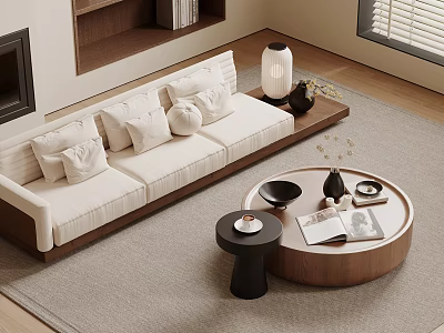 Modern Beige Sofa With Decorative Cushions And Round Wooden Coffee Table 3d model