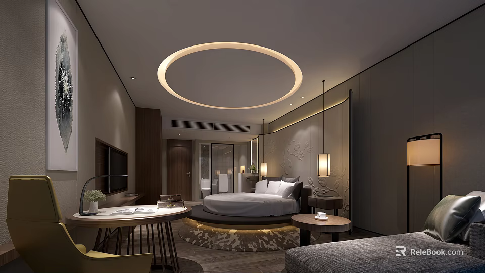 Modern Hotel Room Interior Design Featuring King Bed Circular Ceiling Light Nightstands And Area Rug 3d model 