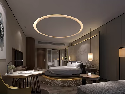 Modern Hotel Room Interior Design Featuring King Bed Circular Ceiling Light Nightstands And Area Rug 3d model