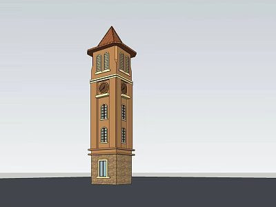 Tall Brown Brick Tower With Red Pitched Roof Multiple Windows And Stone Base 3d model