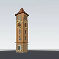 Tall Brown Brick Tower With Red Pitched Roof Multiple Windows And Stone Base