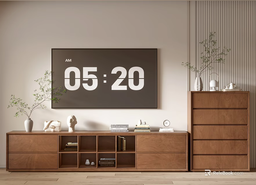 Modern TV Stand With Drawer Cabinet Decorative Vase Clock And Wall Digital 3d model 