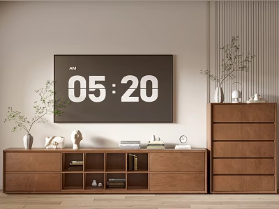Modern TV Stand With Drawer Cabinet Decorative Vase Clock And Wall Digital 3d model