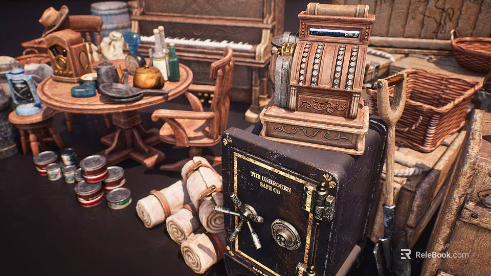 Vintage Daily Living Items Display With Cash Register Safe Cans Rolled Cloths And Furniture 3d model 