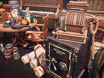 Vintage Daily Living Items Display With Cash Register Safe Cans Rolled Cloths And Furniture 3d model