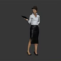 Businesswoman in White Shirt and Black Skirt Holding Document Against Gray Background With Reflective Floor