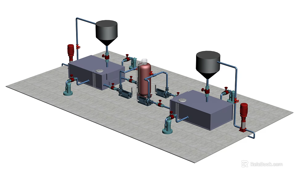 Industrial Equipment Configuration Featuring Storage Tanks Pipes and Valves on Concrete Base 3d model 