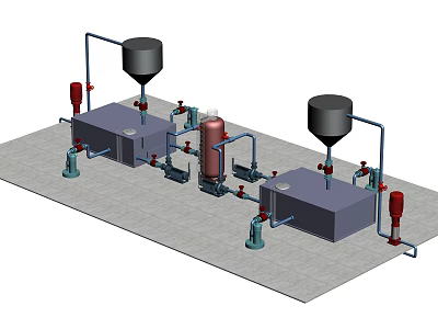 Industrial Equipment Configuration Featuring Storage Tanks Pipes and Valves on Concrete Base 3d model