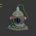 Vintage Metallic Diving Helmet With Circular Glass Window Leather Hose And Base Stand