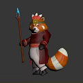 Red Panda 3D Character Model In Red Outfit Holding Spear With Hat