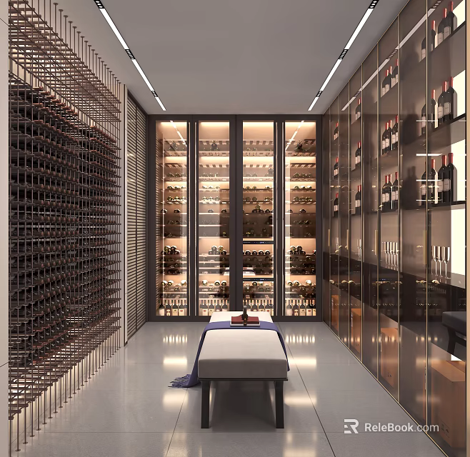 Modern Wine Cellar Interior With Illuminated Racks And Displayed Wine Bottles 3d model 