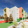 Modern Multi Story School Building Featuring Colorful Exterior Walls And Plaza With People Activities