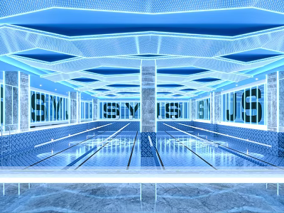 Modern Exhibition Hall Interior With Blue Lighting Geometric Ceiling And Marble Floor 3d model
