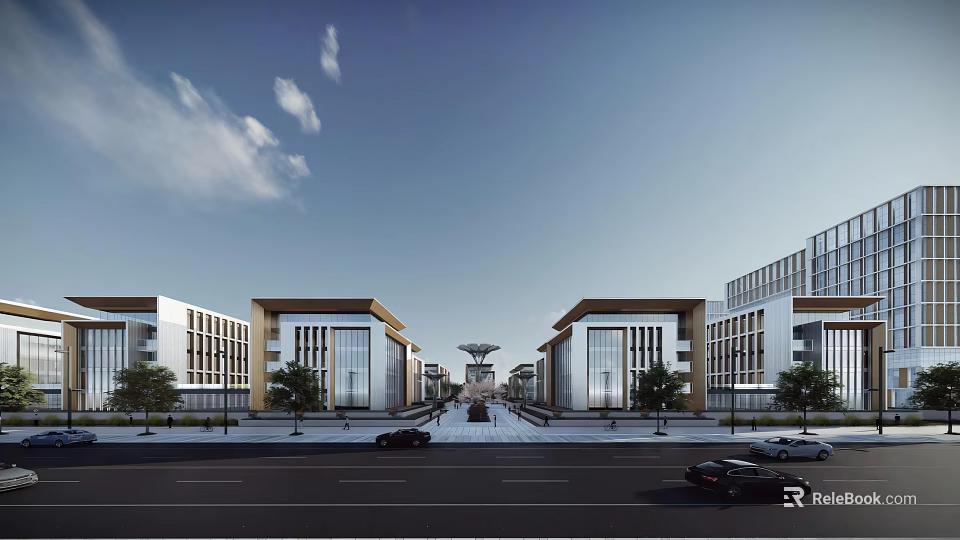 Modern Industrial Park With Contemporary Office Buildings Green Spaces And Roads 3d model 