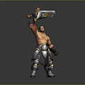 Shirtless Man in Silver Armor Pants Holding Ornate Sword with Raised Arm
