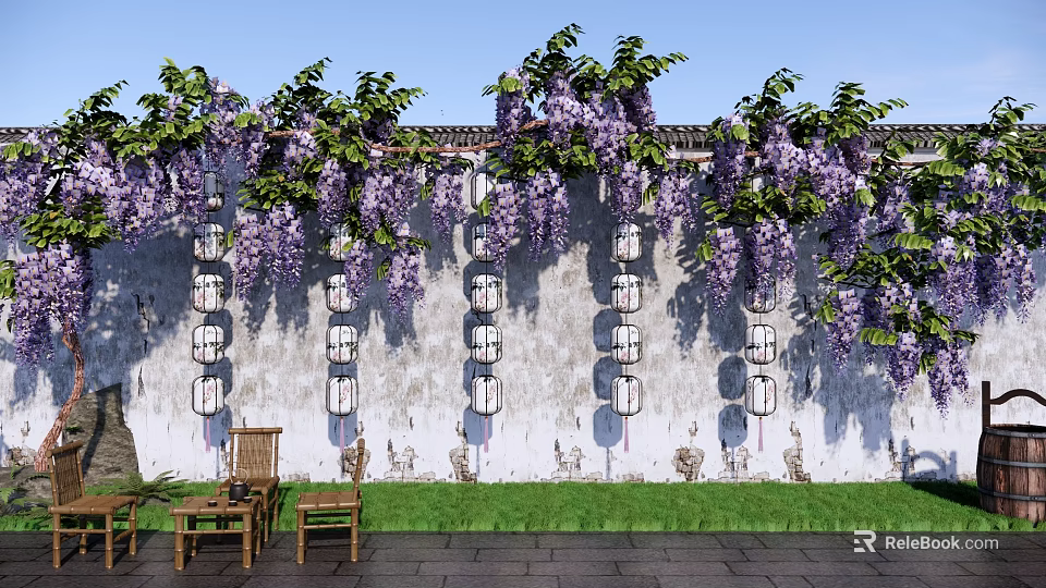 Blooming Wisteria Vines Over Ancient Wall With Hanging Lanterns And Wooden Chairs On Stone Pavement 3d model 