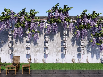 Blooming Wisteria Vines Over Ancient Wall With Hanging Lanterns And Wooden Chairs On Stone Pavement 3d model