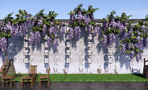 Modern Vine Country Courtyard Landscape Wisteria Garden Small Courtyard Garden Wisteria Vine Flower Wall Lantern Bamboo Table and Chair 3d model