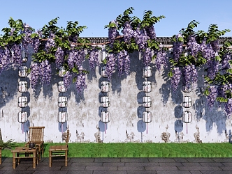 Modern Vine Country Courtyard Landscape Wisteria Garden Small Courtyard Garden Wisteria Vine Flower Wall Lantern Bamboo Table and Chair 3d model