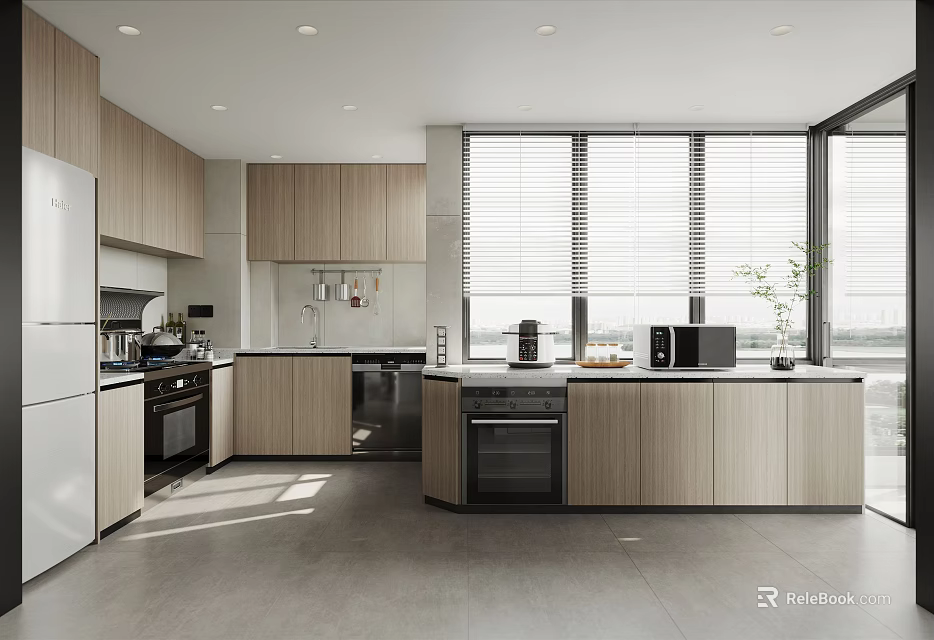 Modern Kitchen Interior Design With Wooden Cabinets Island Counter White Appliances And Large Windows 3d model 
