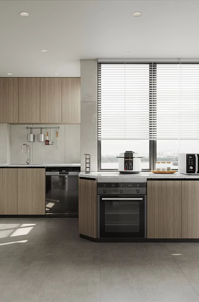 Modern Kitchen Interior Design With Wooden Cabinets Island Counter White Appliances And Large Windows 3d model