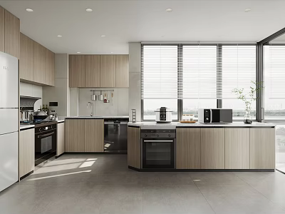Modern Kitchen Interior Design With Wooden Cabinets Island Counter White Appliances And Large Windows 3d model