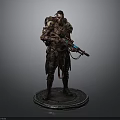 Warrior Character Model With Tattered Skeleton Armor Holding Blue Accent Weapon Standing On Round Base