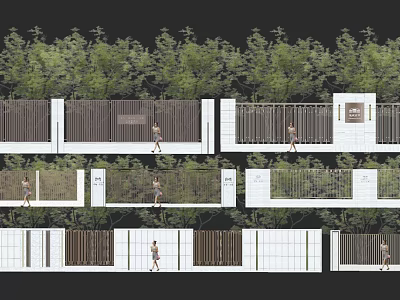 Various Exterior Fence Designs With Green Trees And Pedestrians Walking 3d model