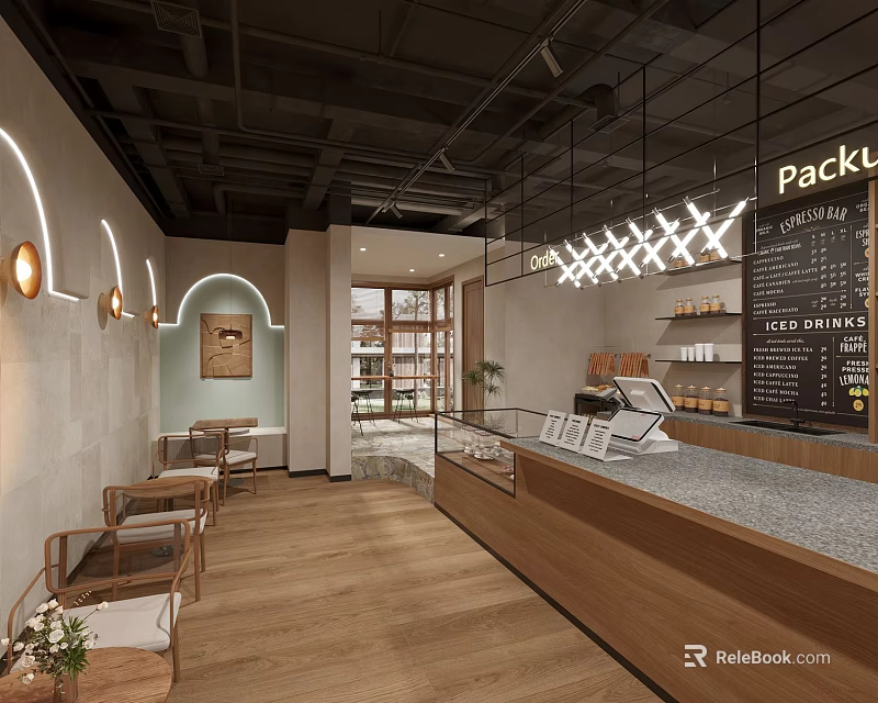 Cozy Modern Cafe Interior With Wooden Counter Seating Pendant Lighting And Menu Board 3d model 