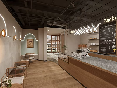 Cozy Modern Cafe Interior With Wooden Counter Seating Pendant Lighting And Menu Board 3d model